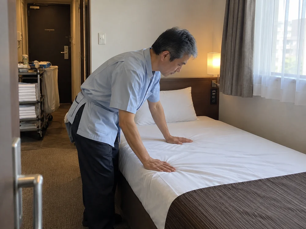 ベッドメイクをする清掃スタッフ（イメージ）